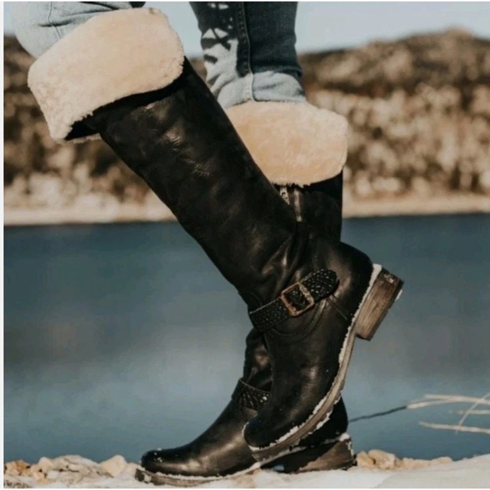Freebird by Steven Denmark Black Leather Shearling Lined Tall Moto Boots Size 7